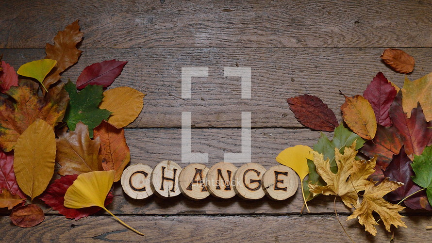 changing colorful leaves on wooden planks and pieces of wood with the letters spelling CHANGE burnt into them