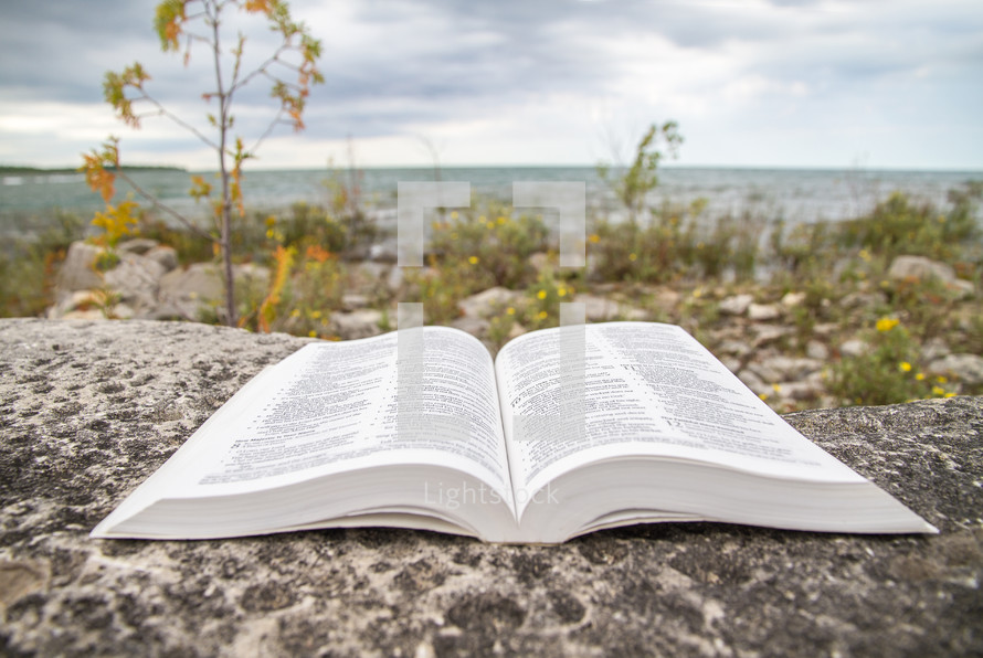 Open Bible on a rock with a coastline in the background