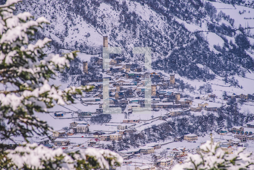 Stone houses in the snowy mountain village