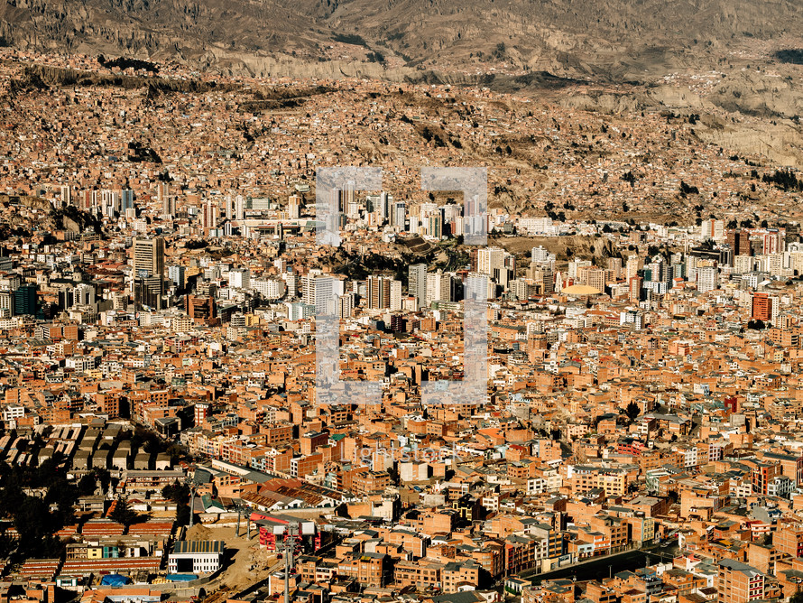 Aerial view of a densely populated South American city.