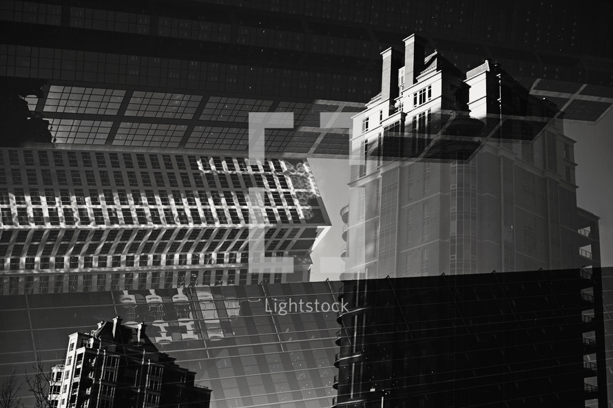 reflection in glass of skyscrapers in a city , double exposure photograph