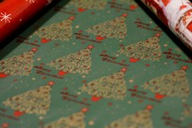 Christmas wrapping paper in red, white, and turquoise 