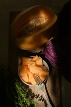 Details of cantaloupe melon, sunrays and shadows