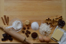 Border of baking ingredients for christmas cookies with copy space above