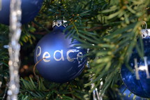The words Peace, Grace and Hope written in silver letters on blue Christmas ornament bulbs. 
