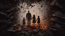 Dramatic conceptual image of silhouette of man with three kids and crumbling walls. 