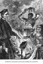 A drawing of burning Bibles in London.