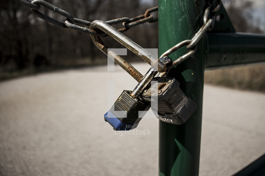 padlock and chains on a gate 