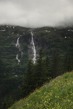 mountain waterfalls and clouds 