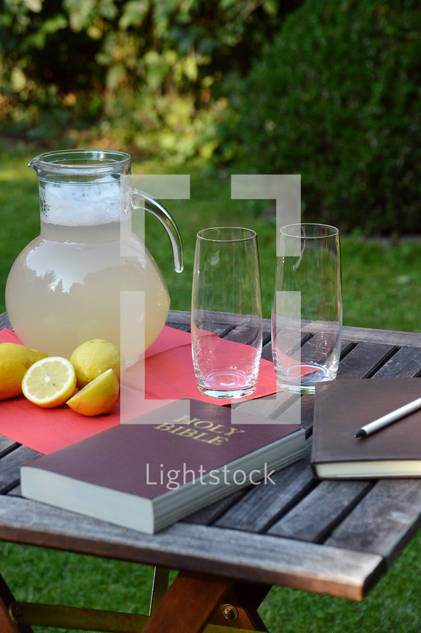 Bible study in the summertime – outside in the garden with fresh self made lemonade.  
