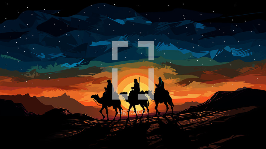Three wisemen journey to Bethlehem.