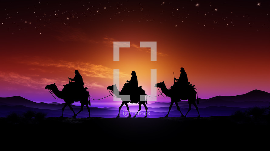 Three wisemen journey to Bethlehem at sunset. 