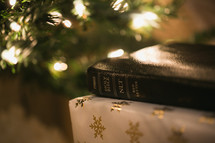 gifts and a Bible under a Christmas tree 