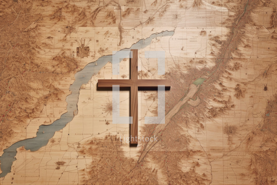 Missionary work. Cross on old map background. Cross on the old map.