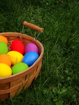 Basket of multicolored Easter eggs in the grass. 
