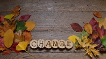 changing colorful leaves on wooden planks and pieces of wood with the letters spelling CHANGE burnt into them