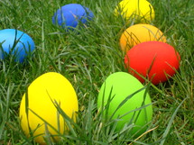 Multicolored Easter eggs in the grass, 
