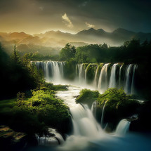 Several waterfalls in a beautiful landscape at sunset.