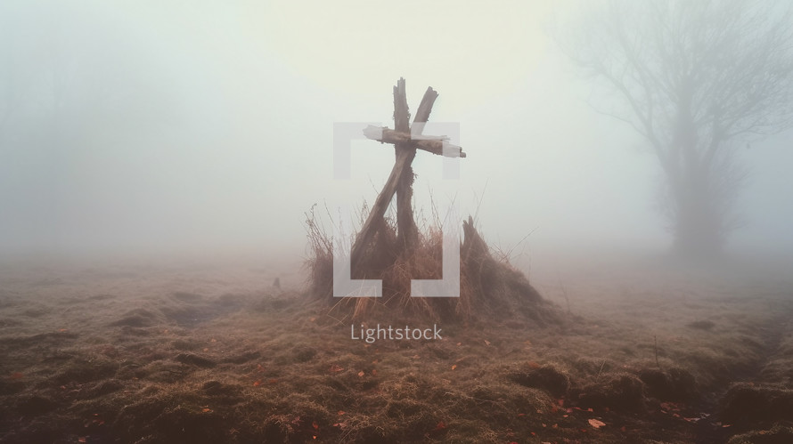 Wooden cross in the fog