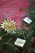 pine needles, pine cones, and ornaments 