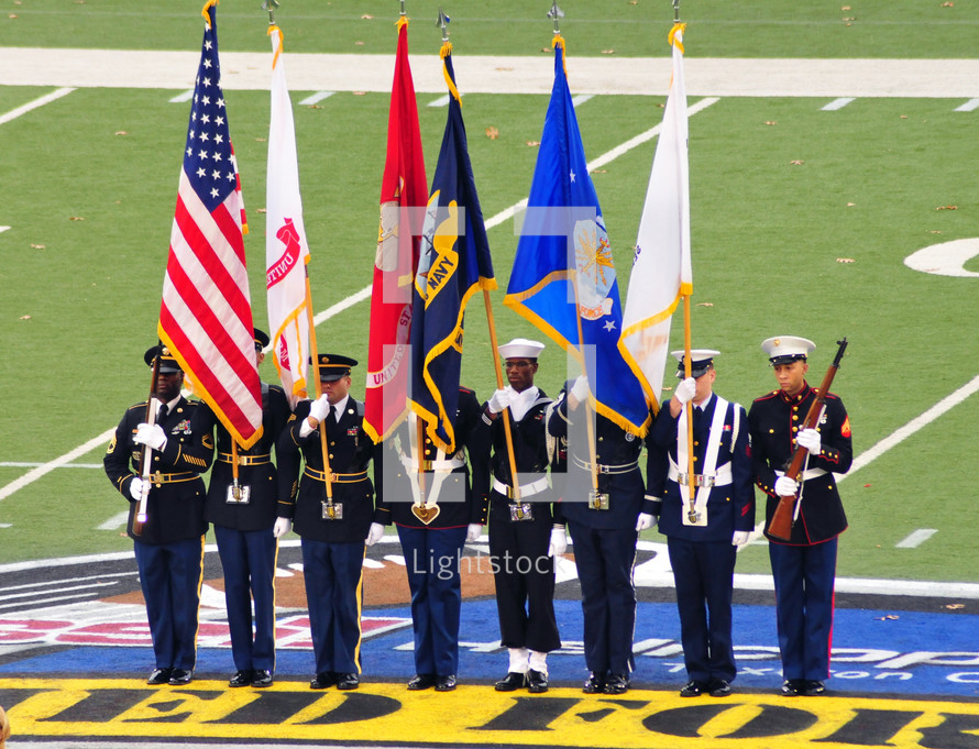 American color guard which includes Amy,Marines,Navy,Airforce and Coast Guard