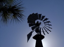 A silhouette of a wind mill standing against the sun and a clear blue sky at sunset next to palm trees on a clear, breezy and cool day. 