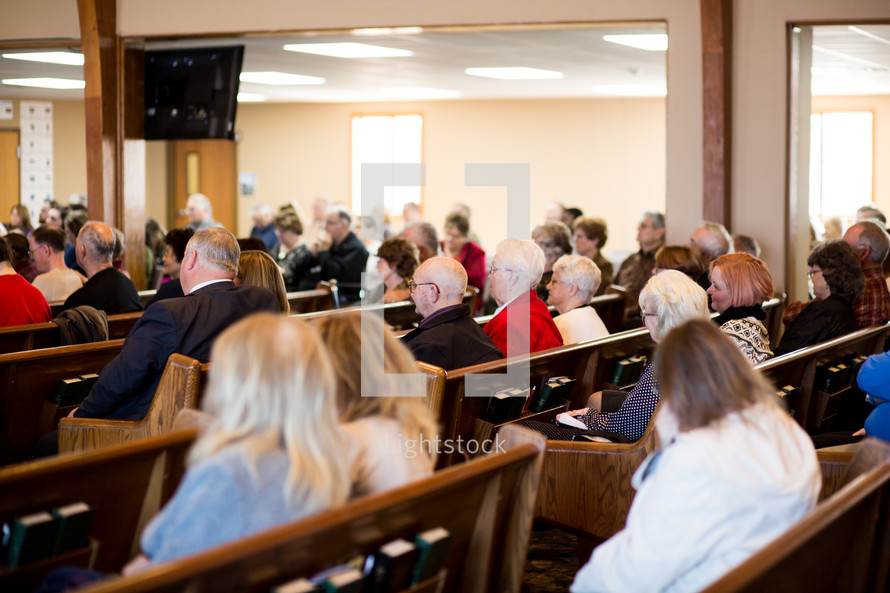 congregation sitting in church pews 