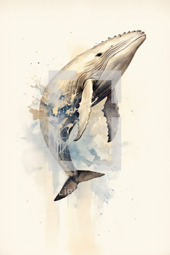 Watercolor painting of a whale. Jonah. Concept.
