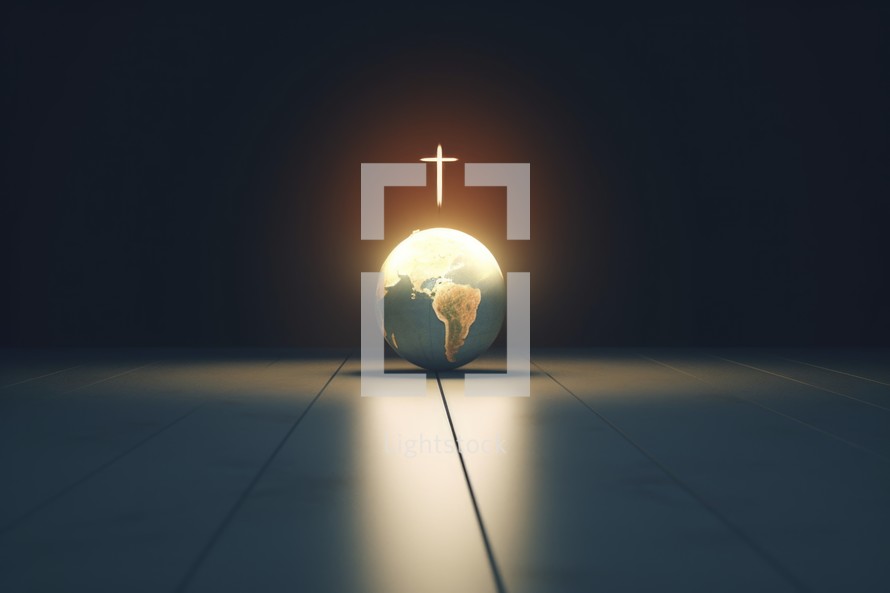 Globe with cross on the floor. Religious concept. Bring His light to the world