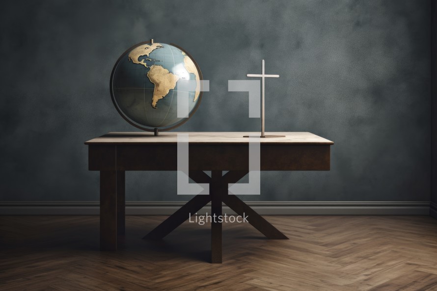 Missionary work. Wooden desk with a globe and a cross.