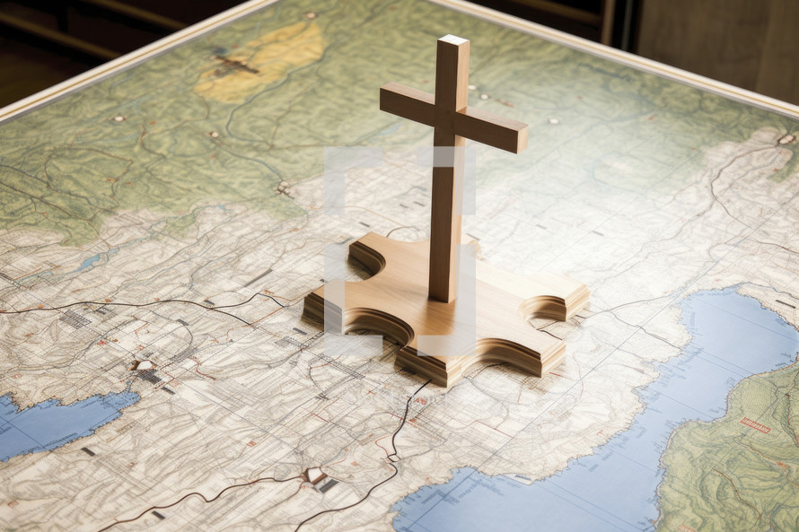 Missionary work. Wooden cross on the map of the world