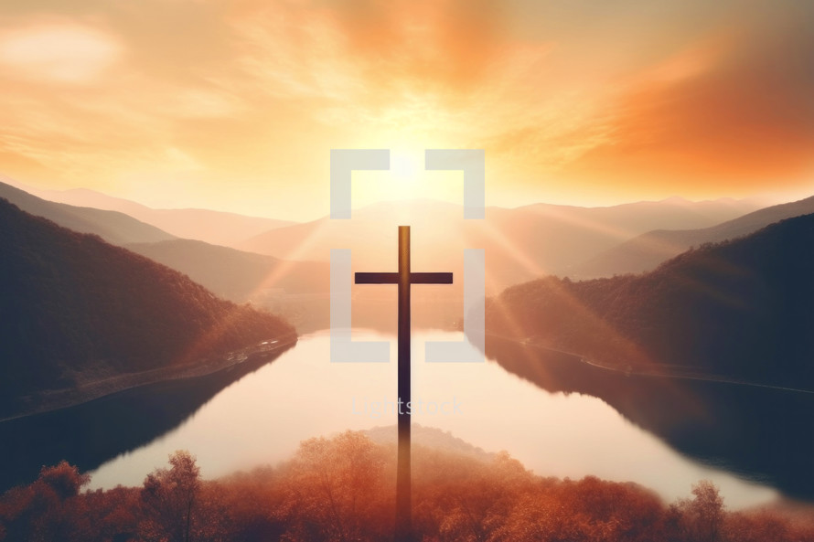 Cross of Jesus Christ on the background of the river and mountains