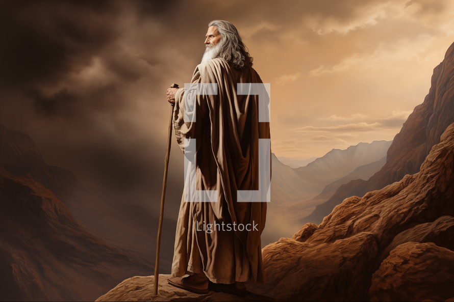Moses on the mountain holding his staff
