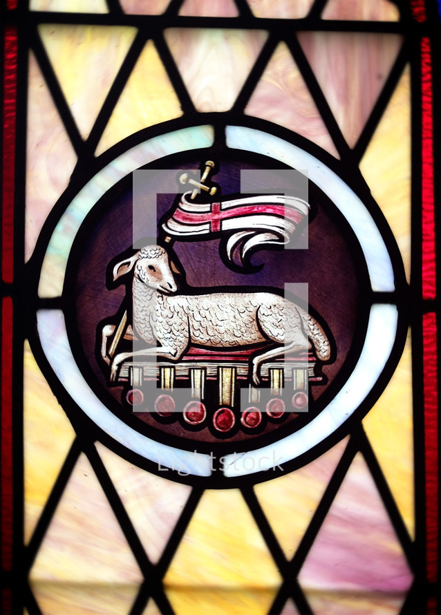 stained glass window of the lamb of God