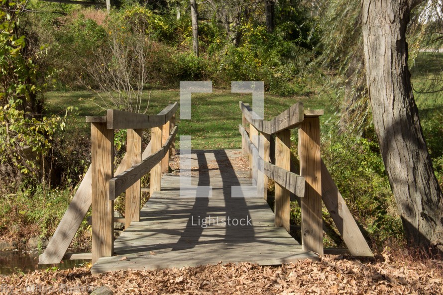 Wooden bridge surrounded by trees and autumn leaves on the ground.
