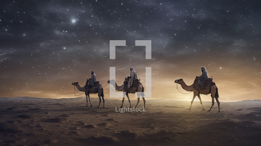 Three wise men on camels in the desert