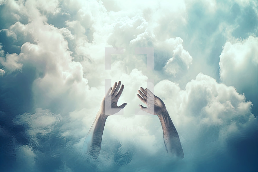 Worship, worshipping hands in the sky and clouds