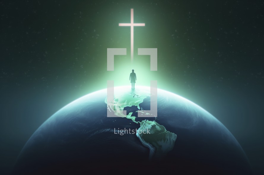 Man standing on Earth with cross in the center. Faith. Bring His light