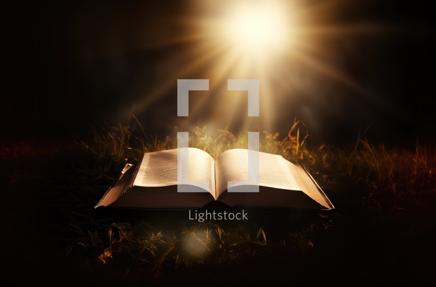 Opened bible on the grass in the dark with rays of light
