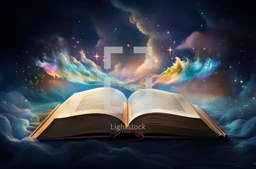 Bible in the night sky with glowing stars. 3D rendering