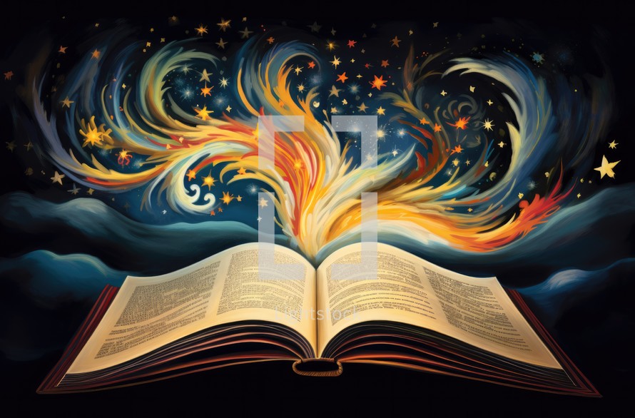 Bible with fire flame and stars on dark background. Vector illustration.