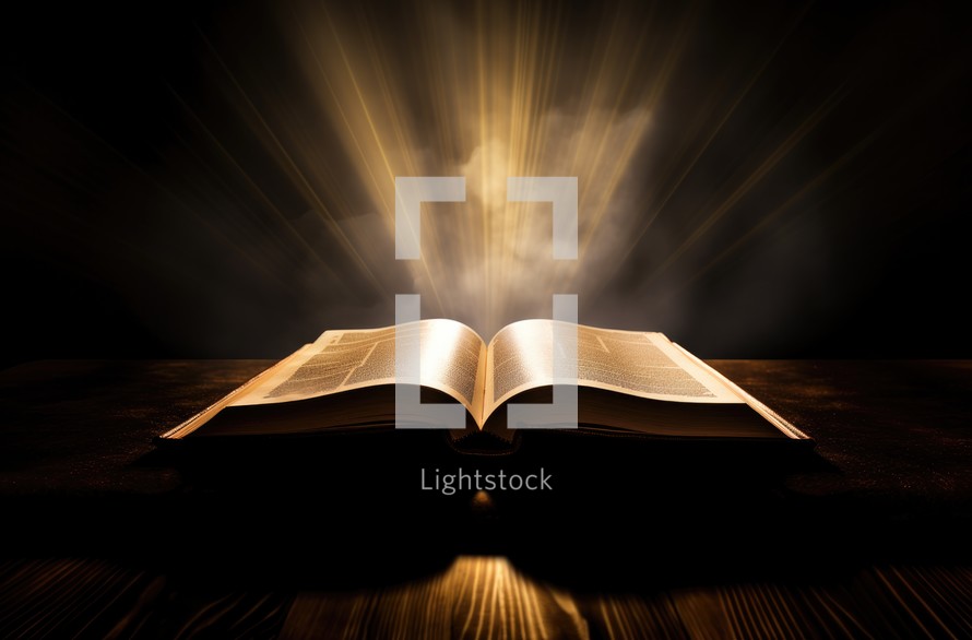 Old holy bible on dark toned foggy background with light rays