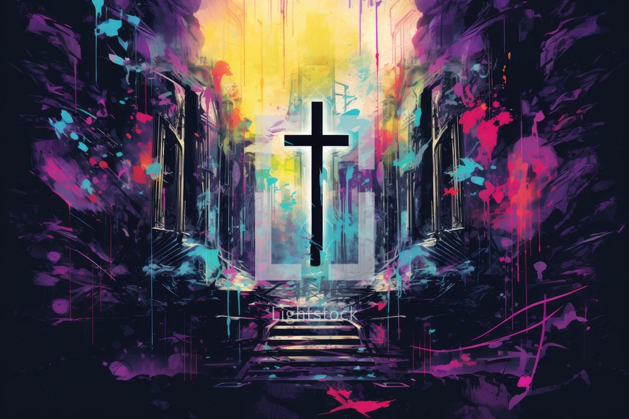 Cross in the city. Grunge background. Illustration