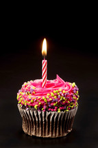 birthday candle in a chocolate cupcake with pink icing and sprinkles 