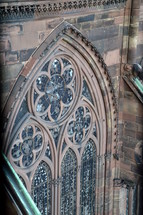 Details of a Gothic cathedral.
cathedral, old, Gothic, Gothic age, Gothic style, Gothic period, gothically, Europe, sandstone, freestone, brownstone, ogive, pointed arch, tower, exterior, church, high, copper, flying buttresses, tall, slim, slender, gargoyle, waterspout, spout, figure, statues