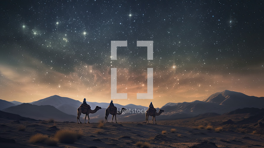 Three wise men on camels in the desert