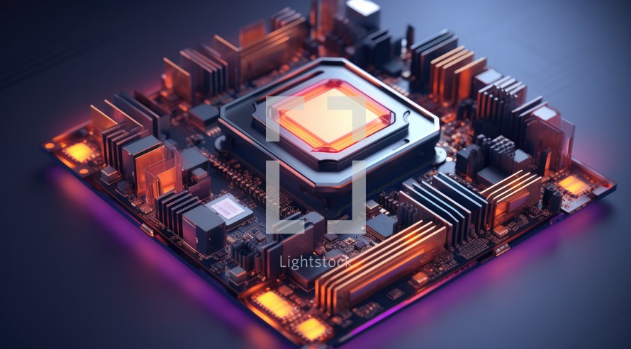 3d rendering of cpu in circuit board. Computer technology concept.