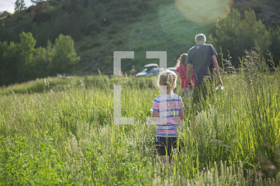 a father and his daughters walking through a field of tall grasses 