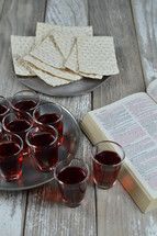 Communion elements and an opened Bible 