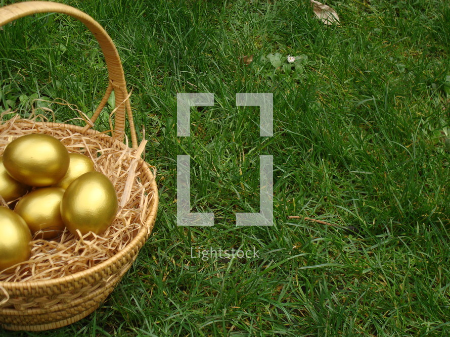 Golden Easter eggs in a basket in the grass.
